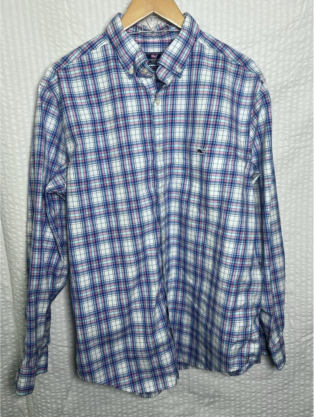 Vineyard Vines Mens Large Harbor Shirt Whale Blue Pink Plaid LS Button Down